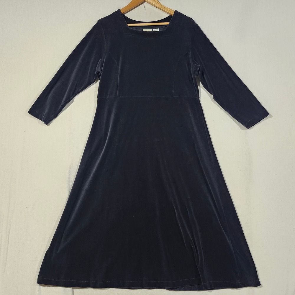 LL Bean Black Velvet Square Neck Empire Waist Midi Dress Womens Petite M